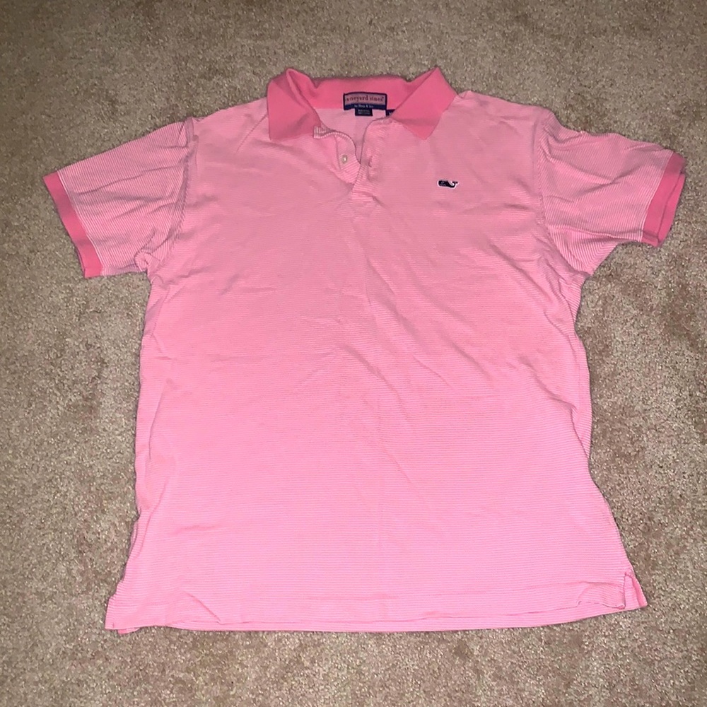 Vineyard Vines pink and white striped knitted golf shirt, M